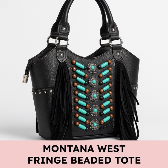 Montana West Handbags - Montana West Fringe Beaded Tote Bag Western Boho Faux Leather Black